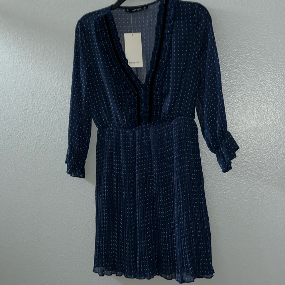 Zara Basic Women’s Chiffon Pleated Blue Polka Dot Sheer Sleeve New Small lined